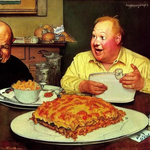 Image similar to fat orange tabby cat next to curly haired man and lasagna on table, norman rockwell