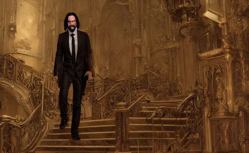 Image similar to sharp, highly detailed, color film of keanu reeves walking up the stairs in the palace, steampunk, trending on artstation, art by riot games, nice composition, hyper real, photorealistic, octane render