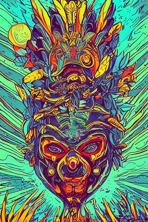 Image similar to totem animal mask tribal feather gemstone plant wood rock shaman vodoo video game vector illustration vivid multicolor borderlands comics by josan gonzales and dan mumford radiating a glowing aura