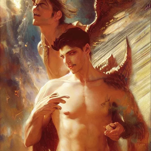 Image similar to attractive male deity casts light spell, summons attractive male lucifer morningstar. highly detailed painting by gaston bussiere, craig mullins, j. c. leyendecker 8 k