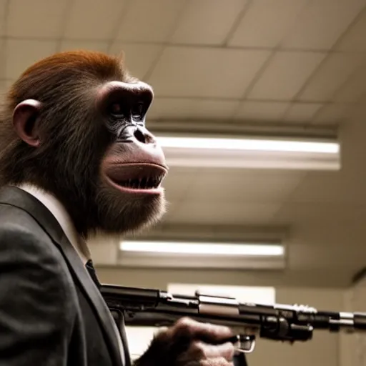 Image similar to saul goodman is a chimp with a machine gun, still from netflix