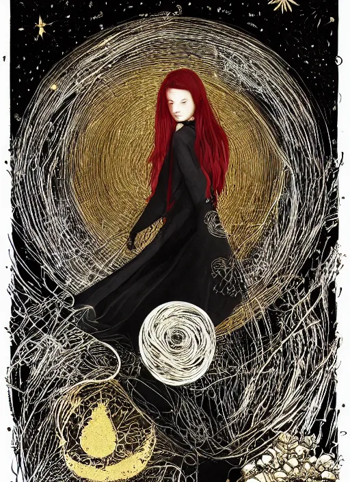 Image similar to golden elements at borders, portrait, A young witch and a crow in front of the full big moon, creative book cover, winner of design award, red roses, red white black colors, establishing shot, extremly high detail, foto realistic, cinematic lighting, pen and ink, intricate line drawings, by Yoshitaka Amano, Ruan Jia, Kentaro Miura, Artgerm, post processed, concept art, artstation, matte painting, style by eddie, raphael lacoste, alex ross