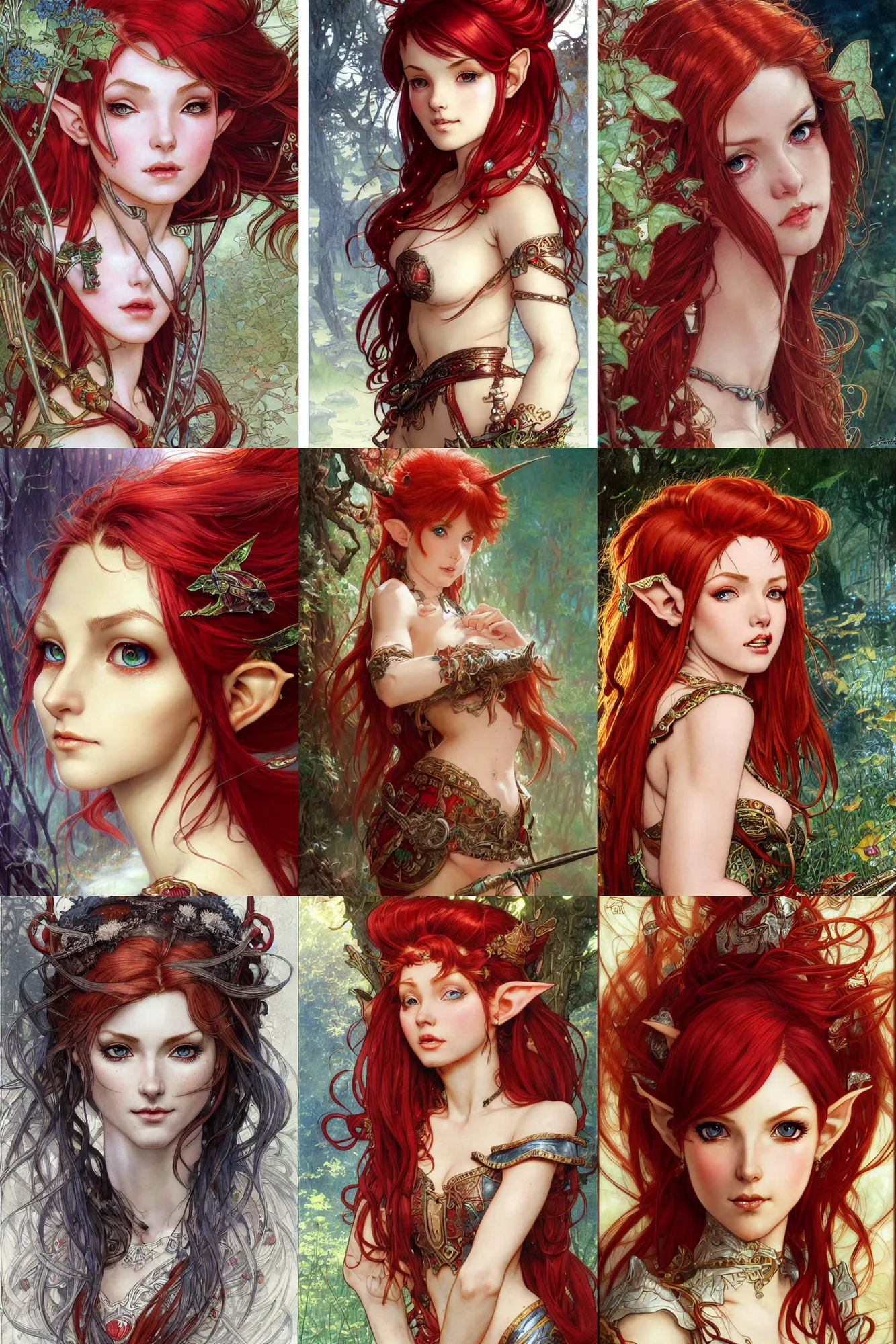 Prompt: alluring highly detailed close-up portrait of beautiful elf girl with red hair wearing a fantasy outfit, very detailed, realistic, manga pen and ink, by Stanley Artgerm Lau, greg rutkowski, thomas kindkade, alphonse mucha, loish, norman rockwell J.