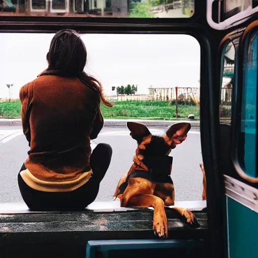 Prompt: a street photo of two dogs sitting in front of the bus