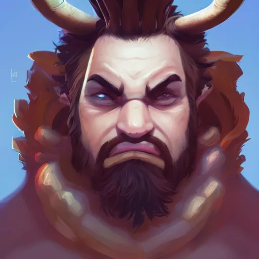 Image similar to Portrait of an antropomorphic ram warrior, long ram horns and dark brown goatee, fierce and wild look, mattepainting concept Blizzard pixar maya engine on stylized background splash comics global illumination lighting artstation lois van baarle, ilya kuvshinov, rossdraws