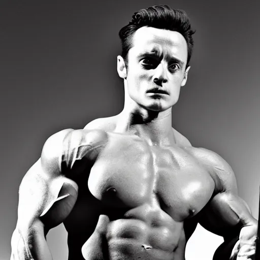 Image similar to elijah wood as arnold schwarzenegger, black and white photograph