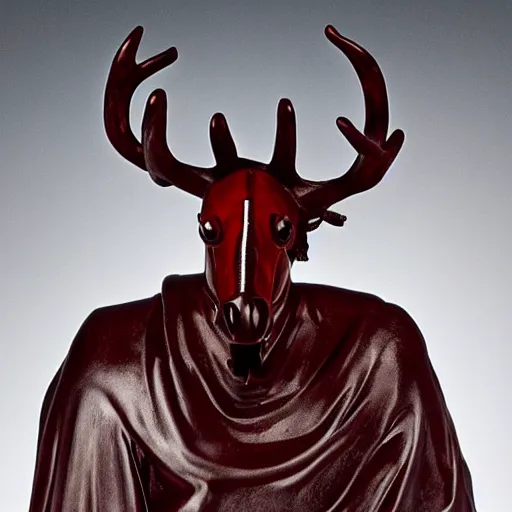 Prompt: an ominous haunting horse mask with many red eyes and twisting antlers figure wearing a black robe, ( ( ( hands in the air ) ) ), full figure, statue