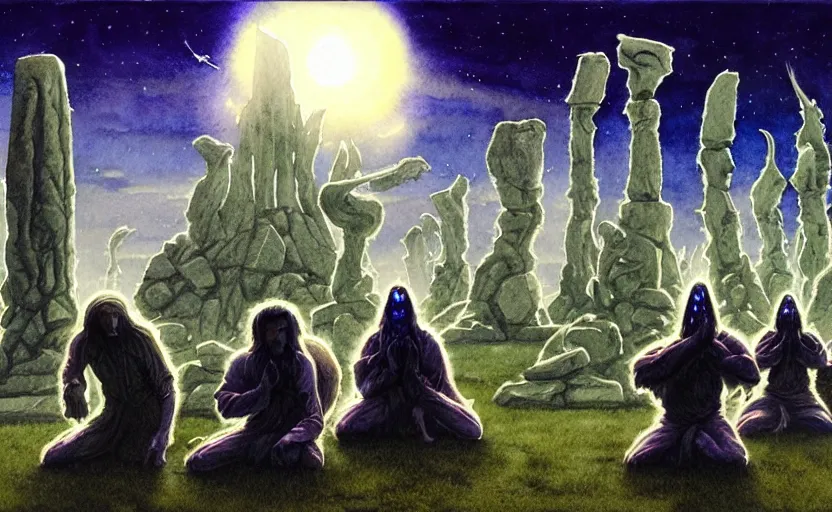 Image similar to a hyperrealist watercolour character concept art portrait of a group of druids kneeling down in prayer to a tall elegant lovecraftian alien on a misty night in stone henge. a battlecruiser starship is in the background. by rebecca guay, michael kaluta, charles vess and jean moebius giraud