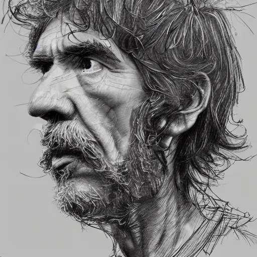 Prompt: a realistic yet scraggly portrait sketch of the side profile of a stern and sophisticated george harrison, trending on artstation, intricate details, in the style of frank auerbach, in the style of sergio aragones, in the style of martin ansin, in the style of david aja, in the style of mattias adolfsson