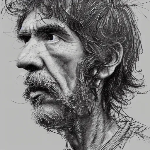 Image similar to a realistic yet scraggly portrait sketch of the side profile of a stern and sophisticated george harrison, trending on artstation, intricate details, in the style of frank auerbach, in the style of sergio aragones, in the style of martin ansin, in the style of david aja, in the style of mattias adolfsson