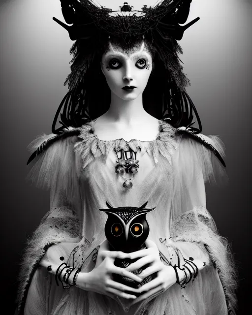 Image similar to surreal mythical dreamy dark artistic black and white fine art 3 / 4 fashion portrait photo of a young beautiful delicate female robot - witch - owl with orchid - doll face, rim light, cinematic, studio dramatic light, poetic, masterpiece, octane render, 8 k, photo - realistic by gustave dore hg giger