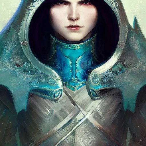 Image similar to half length portrait of a handsome male snow elf in a turquoise cape and silver ornate armour as an archer, albino skin, winter vibes, perfect face, elegant, very coherent symmetrical artwork, atmospheric lighting, rule of thirds, by wenjun lin, krenz cushart, charlie bowater, trending on artstation