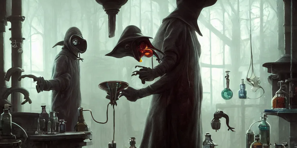 Image similar to a plague doctor and a humanoid rat in a laboratory with lots of flasks filled with magic liquids and poisonous fog, stephen bliss, unreal engine, fantasy art by greg rutkowski, loish, rhads, ferdinand knab, ilya kuvshinov, rossdraws, tom bagshaw, global illumination, radiant soft light, detailed and intricate environment