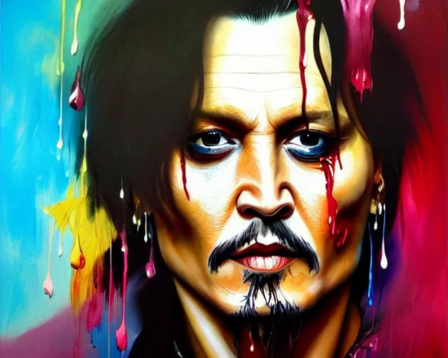 Image similar to , painting of johnny depp, paint drips, colour splash, art design, inventive, new format, futuristic painting, deep focus, d & d, fantasy, intricate, elegant, highly detailed, digital painting, artstation, concept art, matte, sharp focus, illustration, hearthstone, art by artgerm and greg rutkowski and alphonse mucha