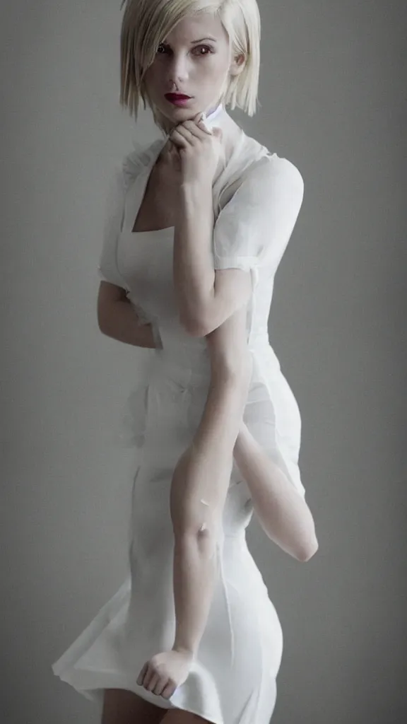 Prompt: emily skinner cosplaying annie leonhart in open toe heels in a white dress in a white room, beautiful face, pale skin, rule of thirds, cinematic lighting, rainy weather, melancholy atmosphere, sharp focus, backlit, stunning, model agency, smooth, hard focus, full body shot, instagram photo, shot on sony a 7 iii, hyper realistic,