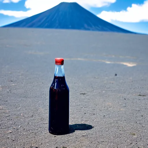 Image similar to symmetrical photo of small bottle standing, volcano background