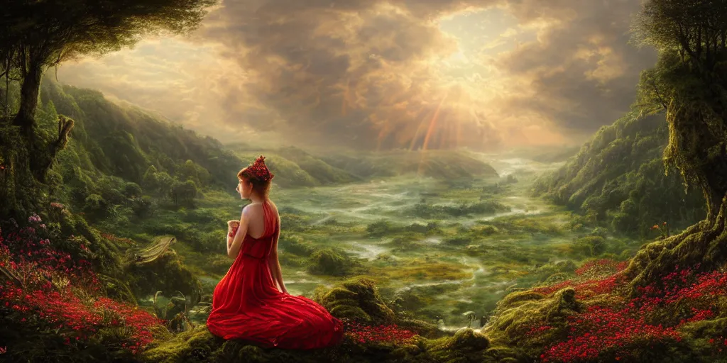 Image similar to an elegant fairy queen in a red lace dress sitting and looking out at a lord of the rings scenery landscape, vast lush valley flowers and giant mushroom structures, river, sunrise, god's rays highly detailed, vivid colour, soft clouds, floral sunset, cinematic lighting, perfect composition, 8 k, gustave dore, derek zabrocki, greg rutkowski, belsinski