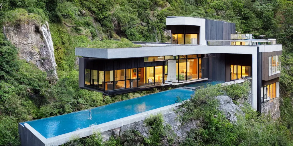 Image similar to a modernist residence on a cliffside with a waterfall