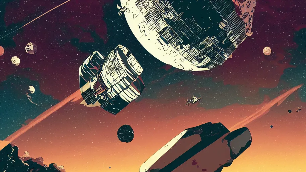 Image similar to very detailed, prophet graphic novel, ilya kuvshinov, mcbess, rutkowski, simon roy, illustration of a space junk floating in space around a dead planet, wide shot, colorful, deep shadows, astrophotography