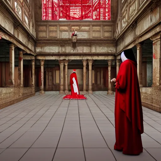 Image similar to praying nun in red clothes staying in the middle of abandoned huge temple, matte painting, hyper realistic render, cryengine, unreal engine, cyberpunk 2077