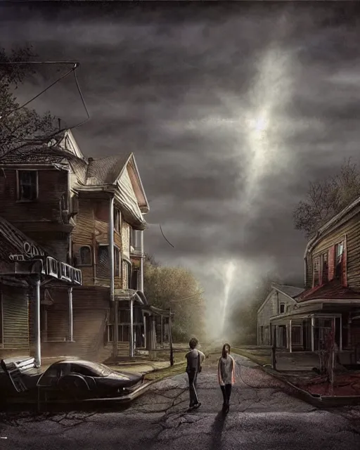 Image similar to concept illustration from the'0 0 s supernatural thriller'', a high quality high detail digital matte painting by david mattingly and samuel araya and tim jacobus and michael whelan, hd 4 k 8 k, realistic hyperdetailed scene painting, photorealistic lighting, urban horror aesthetic, composition and scene layout inspired by gregory crewdson and brendon burton.