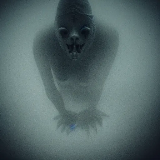 Image similar to sea monster, pov underwater, visceral, unholy abomination, pale skin, dark yellowish water, foggy water, misty, dark, dramatic,'silent hill ', big eyes, terrifying, horrific, cinematic