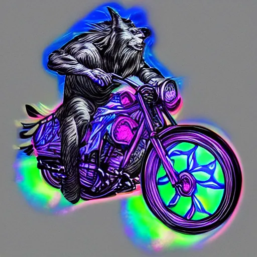 Image similar to psychedelic blacklight airbrush art of an orc riding a motorcycle, stylized, radical 90s, soft edges, smooth gradients,