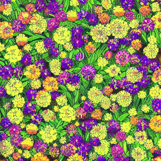 Image similar to in the style of neurographic drawing of a field of flowers