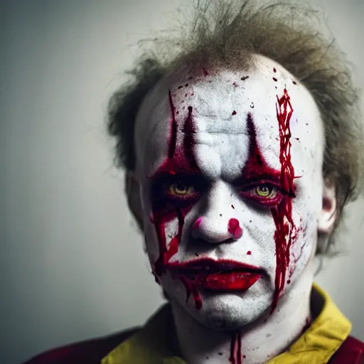Prompt: wide shot of an expressionless clown with blood splattered on his face, muted tones, slightly out of focus, found footage, dutch angle