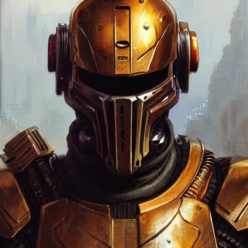 Image similar to the doomslayer with glowing armor as a realistic scifi cyberpunk knight, closeup portrait art by donato giancola and greg rutkowski, vintage retro scifi, realistic face, digital art, trending on artstation, symmetry!!!