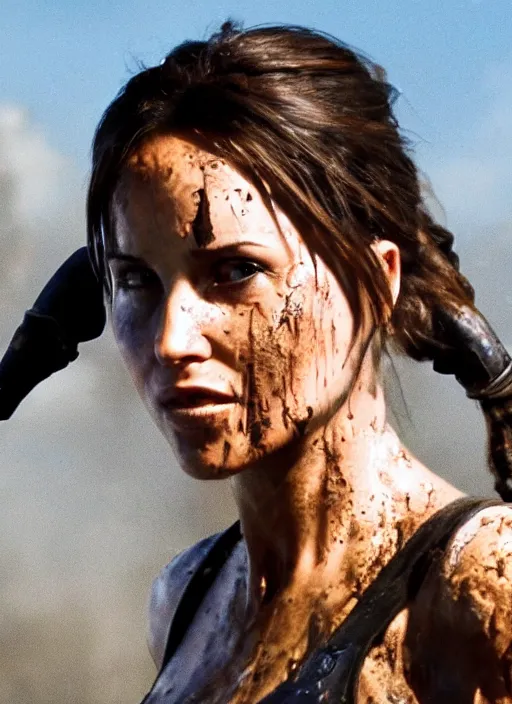 Prompt: a film still of lara croft as russian evading explosions, her face muddy and sweat, direct sun light, close up potrait, cinematic,