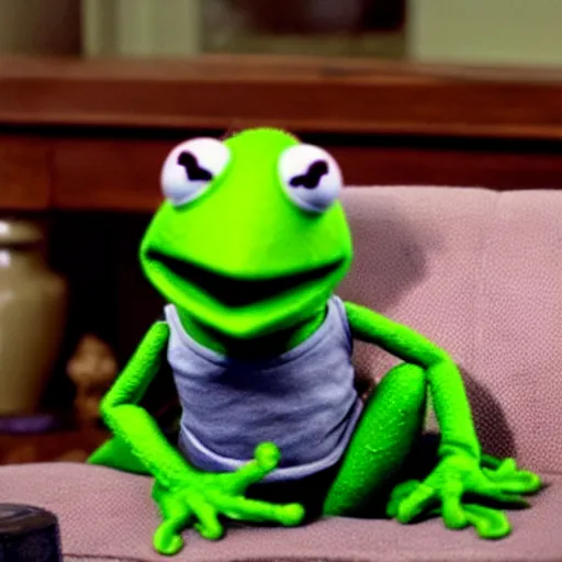 Image similar to candid photo of kermit the frog sitting on the couch hitting a bong, kermit the frog in ted ( 2 0 1 2 ) bong scene, kermit the frog using a bong, kermit bong bong kermit froggy bong, high resolution photo, trending on artstation, interior design,