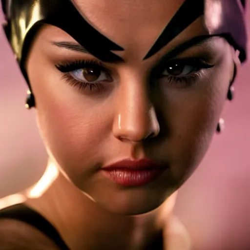 Prompt: A portrait of Selena Gomez as Catwoman, extreme close-up, dramatic lighting