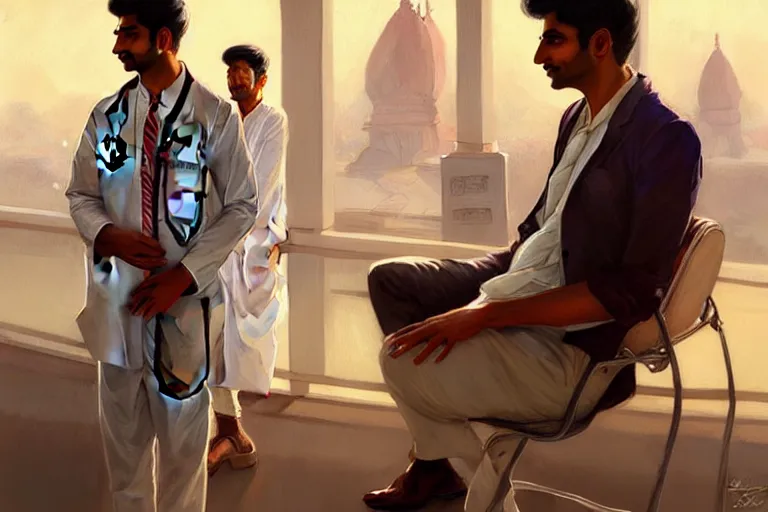 Image similar to Anxious good looking pale young Indian doctors wearing American clothes at the airport, portrait, elegant, intricate, digital painting, artstation, concept art, smooth, sharp focus, illustration, art by artgerm and greg rutkowski and alphonse mucha