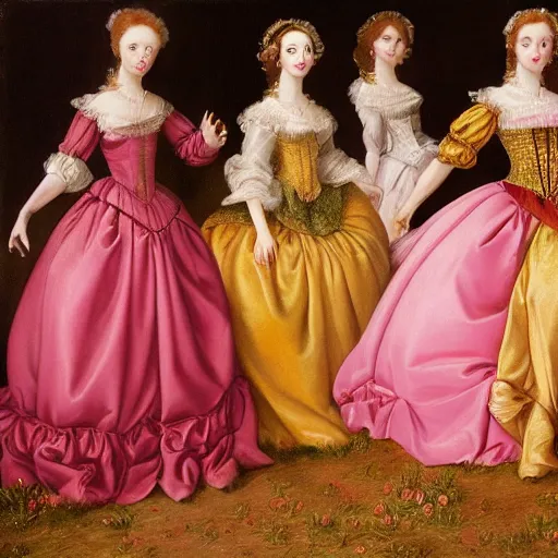 Image similar to group of skinny female artist wearing renaissance dresses, pink and gold flowers in the style of realism, cinematic, high octane render, tonalism, rococo, manga