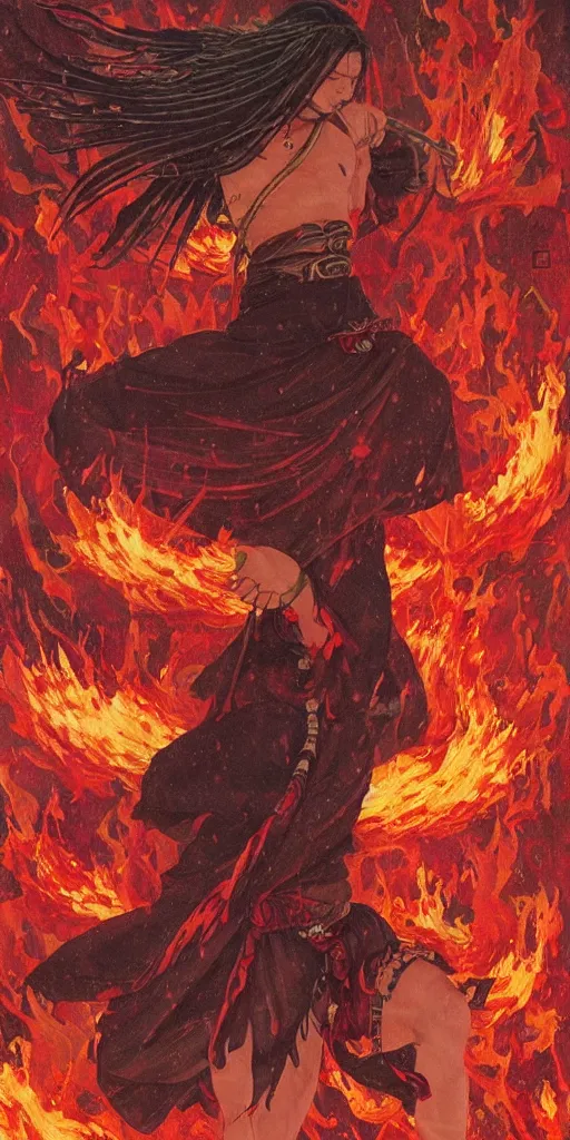 Image similar to shaman dancing under a rain of fire and ruby, art by Hirano Miho and Kotak Bella and Kawase Hasui and Keene Lisa, Trending on artstation