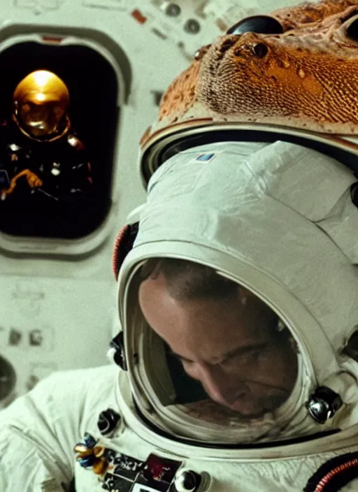 Prompt: in one frame, the toad sits opposite Brad Pitt in a spacesuit, 4k, 8k, top cinematic lighting , cinematic mood,