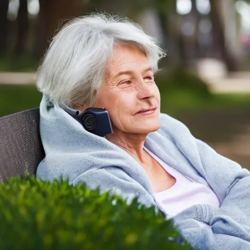 Prompt: an older woman sitting in a park using an oxygen tank, 4 k,