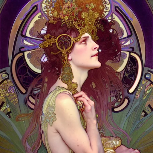 Image similar to carol burnette as the goddess of bliss, fantasy, d & d, intricate, detailed, by by alphonse mucha, adolfo hohenstein, alice russell glenny, stanley artgerm lau, greg rutkowski, detailed, trending on artstation, trending on artstation, smooth