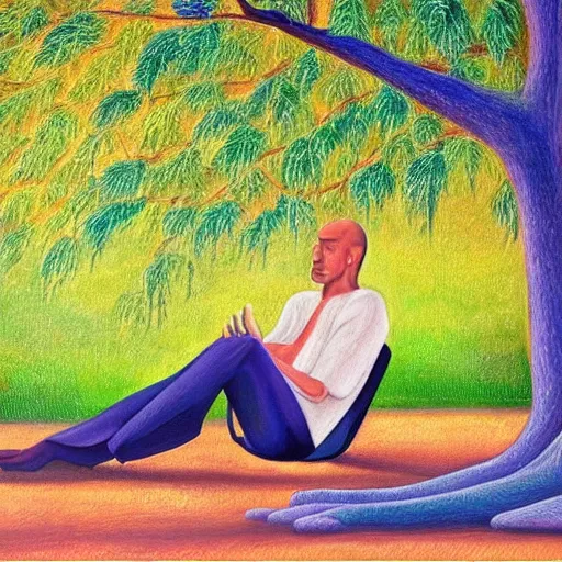 Prompt: painting of a peaceful man relaxing under a tree by alex grey, acrylic art, calm, soothing, cosy, elegant, soft light,