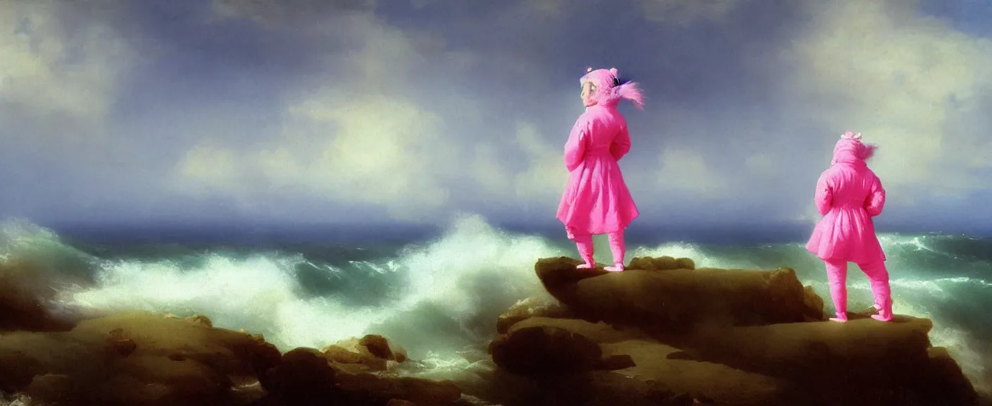 Image similar to an image of a girl with pink hair wearing a panda onesie looking across the ocean in the style of ivan aivazovsky,