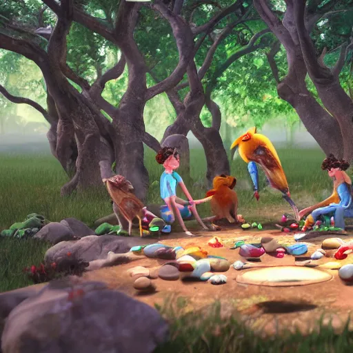 Image similar to a group of woobidoo\'s are playing with their dagnuggets by the jigidigi tree, detailed oil painting, a feeling of awe and inspiration, unreal engine 5