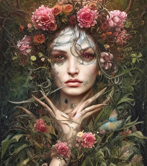 Prompt: portrait of the supreme queen of the dark cult, surrounded overgrowth and flowers 🍂 by karol bak, WLOP, James Jean, tom bagshaw, rococo, trending on artstation, fantasy magic fashion girl portrait, glossy eyes, face, fantasy, intricate, elegant, highly detailed, digital painting, concept art, smooth, sharp focus, illustration, cinematic lighting, hyper realism, octane render, 8k, hyper detailed.