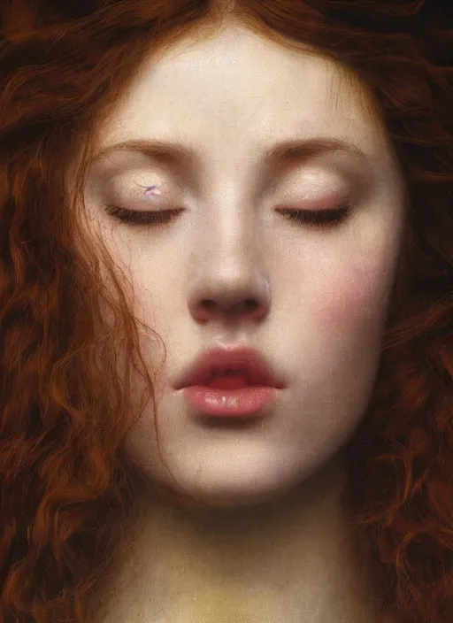 Prompt: Kodak Portra 400, 8K,ARTSTATION, Caroline Gariba, soft light, volumetric lighting, highly detailed, britt marling style 3/4 by Giovanni Gastel , extreme Close-up portrait photography of a beautiful woman how pre-Raphaelites with her eyes closed,inspired by Ophelia by Millais paint, the face emerges from water of Pamukkale, underwater face, hair are intricate with highly detailed realistic beautiful brunches and flowers like crown, Realistic, Refined, Highly Detailed, soft blur background, outdoor soft pastel lighting colors scheme, outdoor fine art photography, Hyper realistic, photo realistic