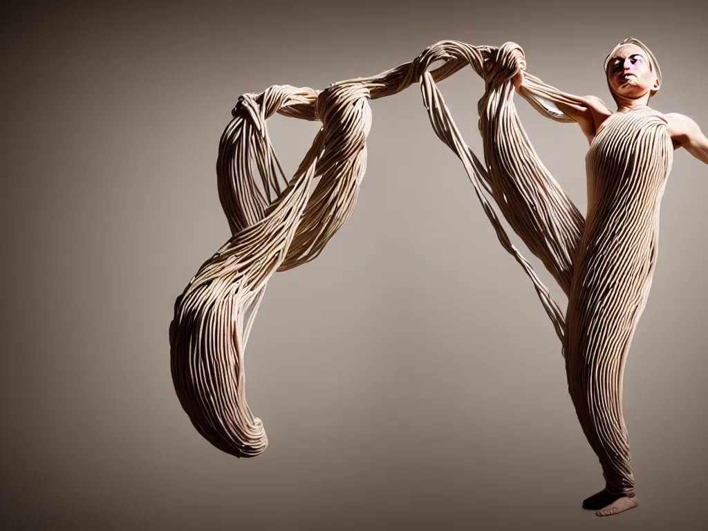 Prompt: a perfect photograph of a woman made of corrugated alabaster. she is floating, contorted and tied in a knot. she has three million legs. perfect focus, studio lighting, maglev chernobyl