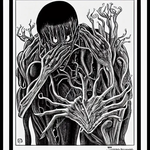 Prompt: Black and white illustration, The Concept of Fear, Creative Design, Human brain, Biopunk, Body horror, by Junji Ito