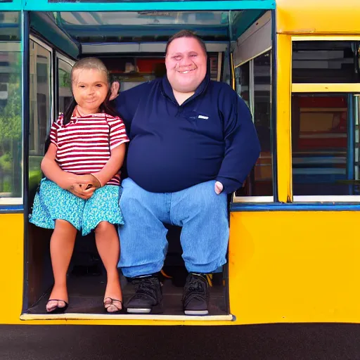 Prompt: school bus driver with fat legs