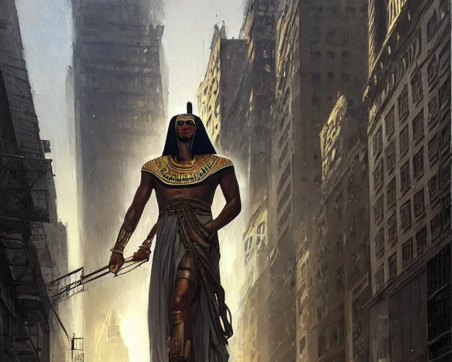 Image similar to a gigantic egyptian god walking the streets of new york, intricate, elegant, highly detailed, digital painting, artstation, concept art, matte, sharp focus, illustration, art by anders zorn and greg rutkowski and marvel