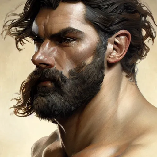 Image similar to portrait of rugged zeus, greek god d & d, muscular, fantasy, intricate, elegant, highly detailed, digital painting, artstation, concept art, smooth, sharp focus, illustration, art by artgerm and greg rutkowski and alphonse mucha