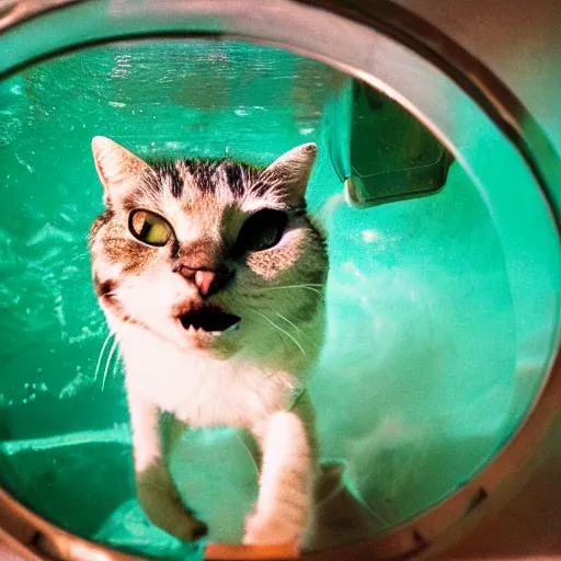 Image similar to photograph of cat wearing diving gear swimming in a vat of acid